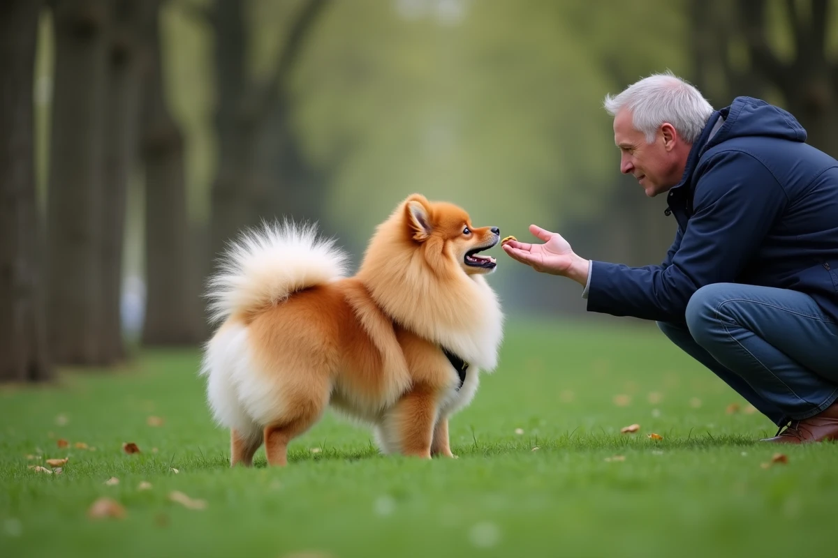 Spitz aboyeur en plein parc, maître accroupi offrant une friandise pour calmer le chien