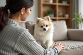 Femme apaisante son spitz anxieux posé sur un canapé beige en lin dans un salon chaleureux