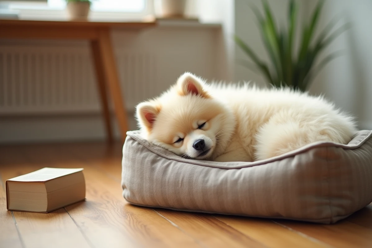 Spitz poméranien allongé et détendu sur son coussin dans un bureau à domicile apaisant