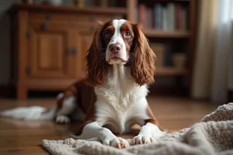 Springer anglais LOF assis dans un intérieur chaleureux, portrait réaliste d'un chien de race bien typé