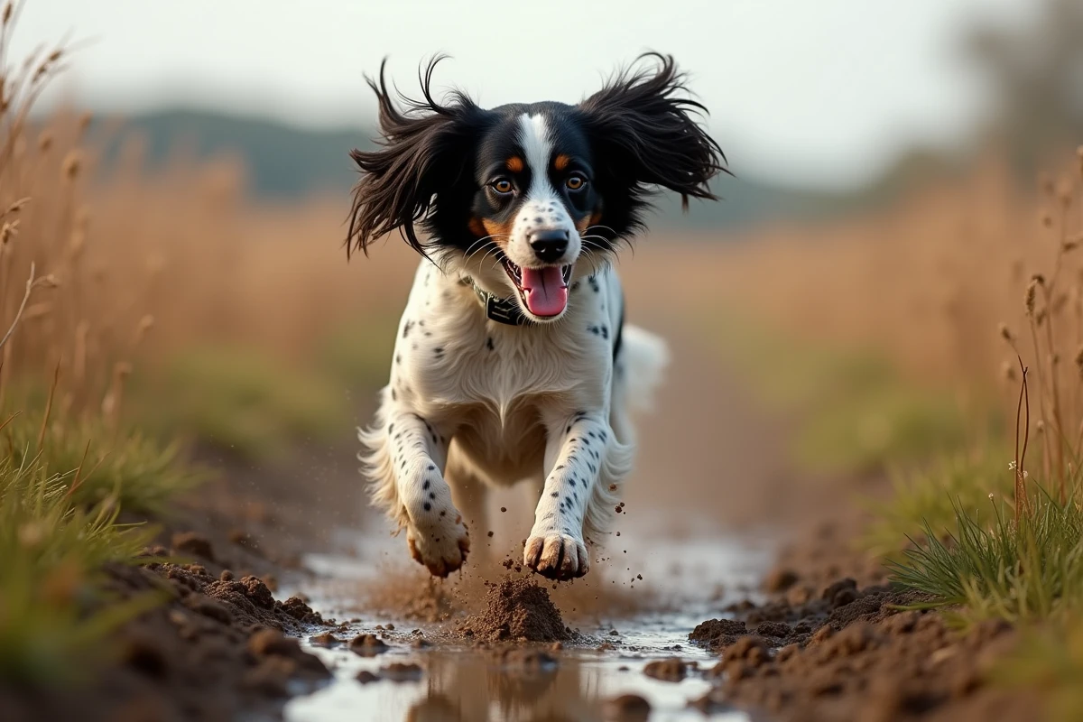 Springer anglais non LOF en pleine course dans un champ, chien actif et expressif en milieu naturel