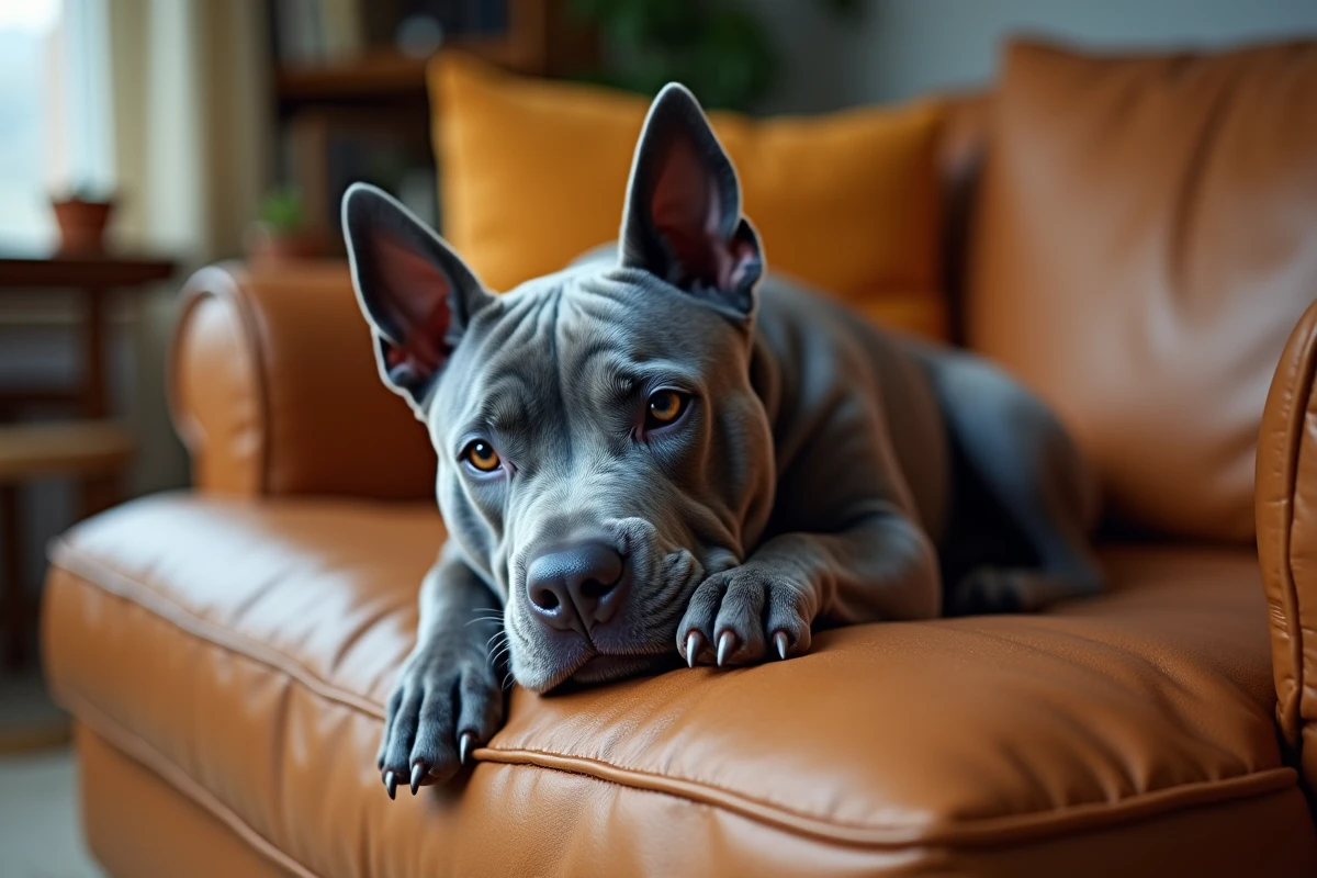 Staffie Bleu adulte allongé sur un canapé en cuir dans un intérieur chaleureux, portrait de caractère détendu et affectueux
