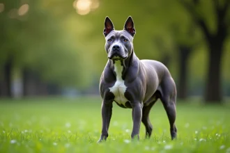 Staffie Bleu adulte en plein air dans un parc, montrant sa silhouette musclée et son pelage bleu acier caractéristique