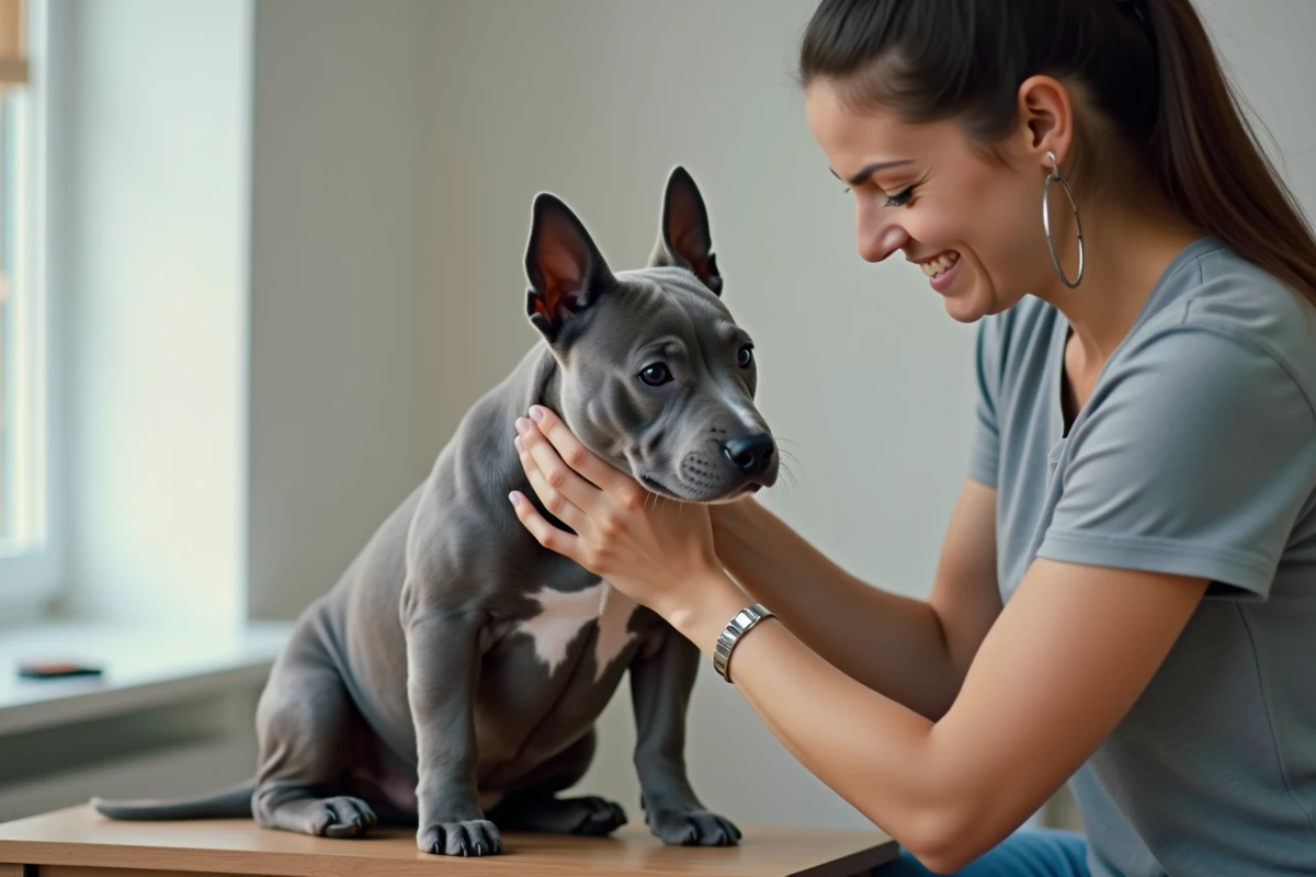 Femme soignant et brossant un Staffie Bleu adulte lors d'une séance de toilettage à domicile, illustration du lien de confiance entre le chien et son propriétaire
