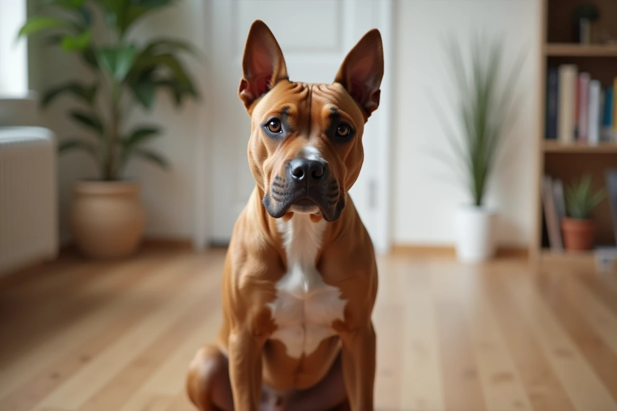 Staffie femelle assise dans un intérieur moderne, silhouette plus fine et proportions féminines mises en valeur