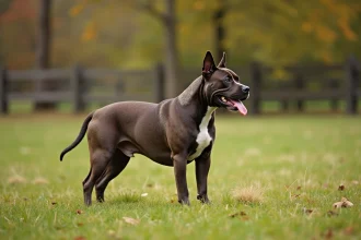 Staffie mâle en position debout dans un parc, morphologie puissante et carrure large bien visible