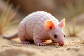 Tatou rose féerique reposant sur un sol sablonneux aride en Argentine, animal rare et étrange vu de près