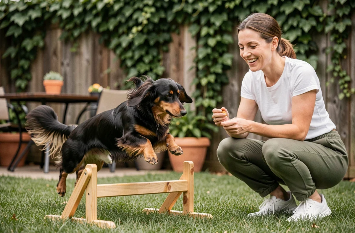 Teckel nain poil long sautant un obstacle d'agility dans un jardin avec sa propriétaire