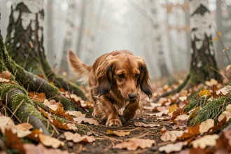 Teckel nain à poil long suivant une piste olfactive sur un sentier forestier en automne
