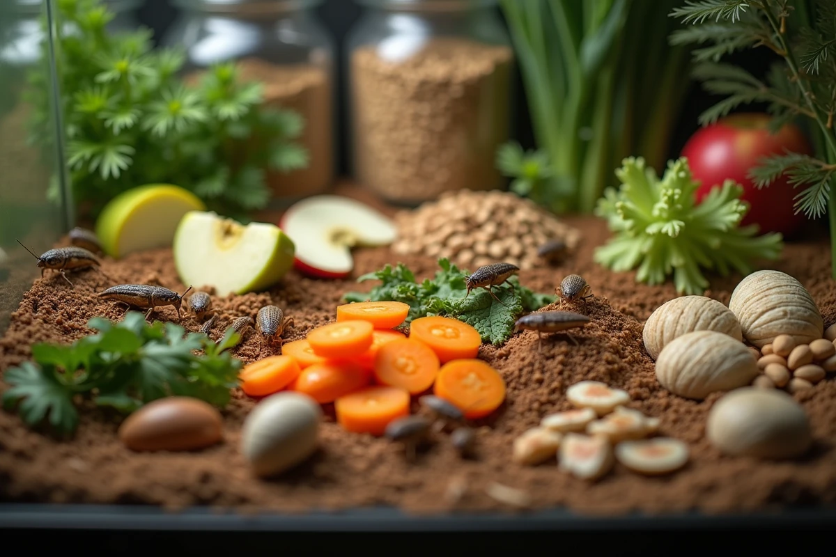 Gros plan sur un terrarium à cricket avec légumes et grains