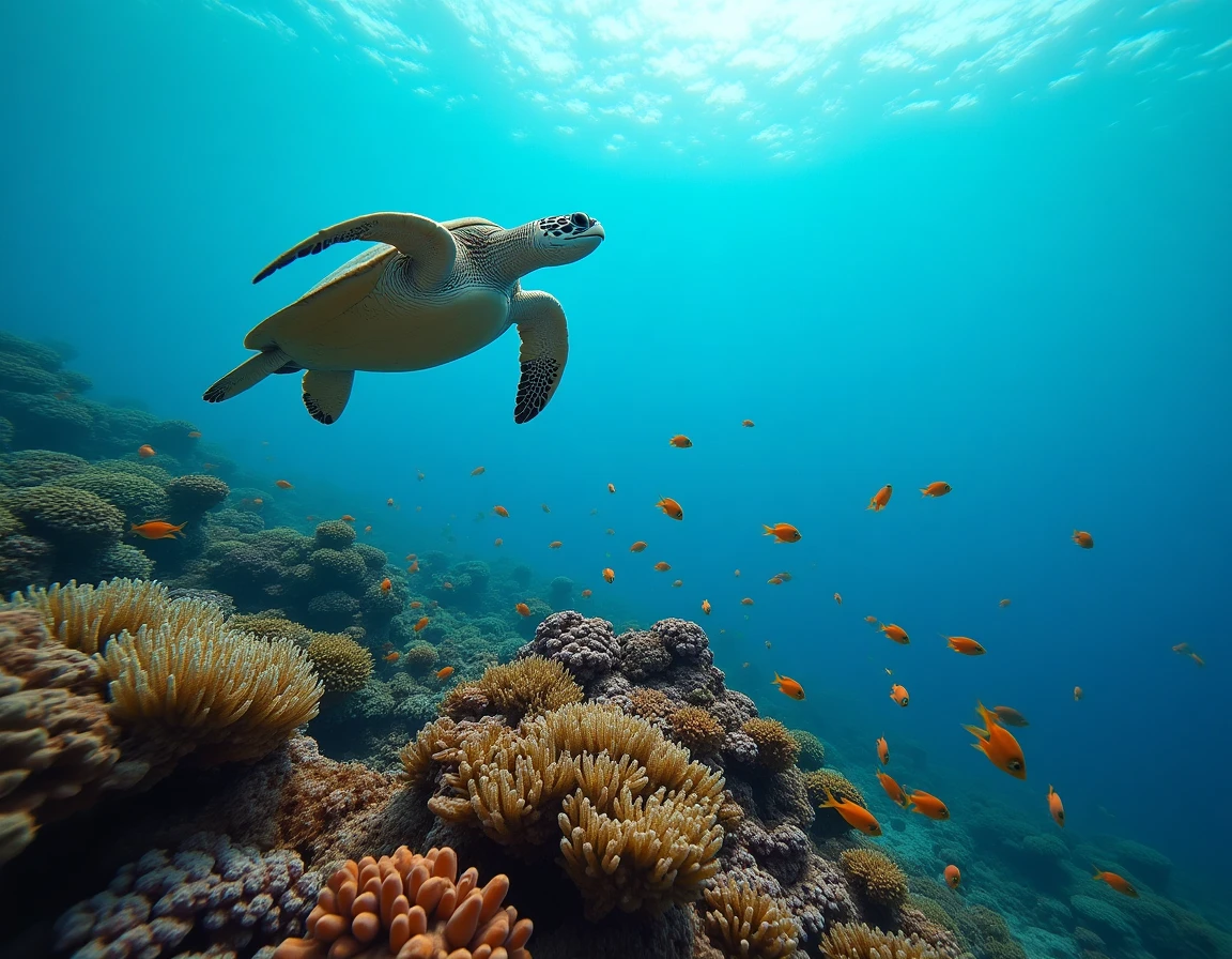 Tortue marine nageant au-dessus d'un récif corallien coloré, symbole de la biodiversité des écosystèmes marins tropicaux
