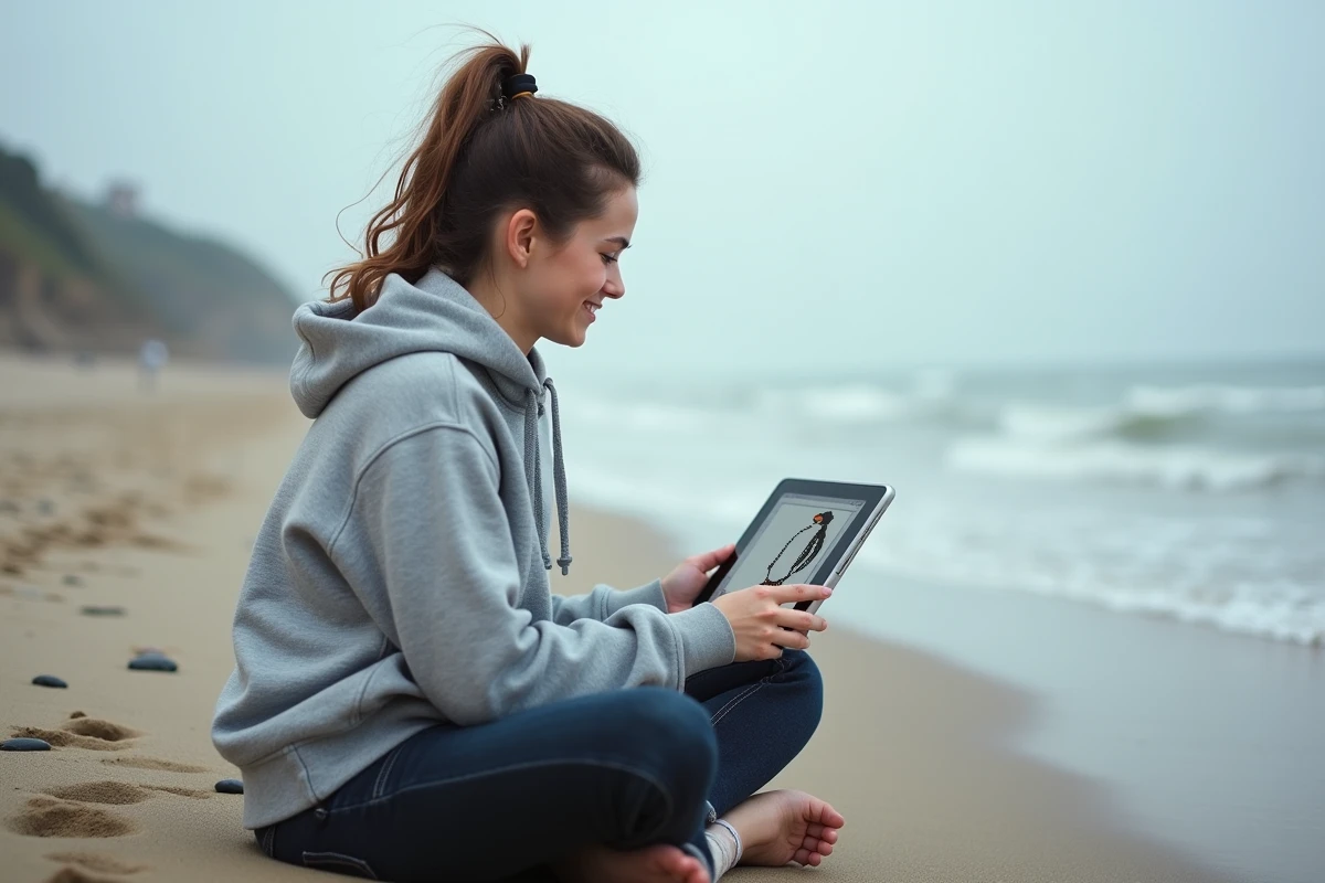 Jeune femme consultant un tutoriel pas à pas de l'exercice manchot plage pix sur une tablette posée sur la plage
