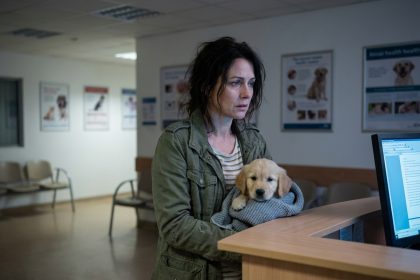 Femme inquiète tenant un chiot enveloppé dans une couverture à l'accueil d'une clinique vétérinaire de nuit à Montaudran