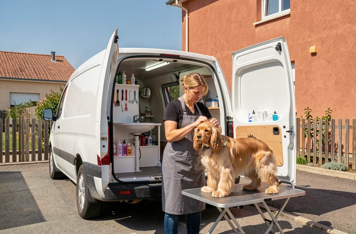 Toiletteuse Vero à domicile près de Muret taillant les oreilles d'un cocker spaniel depuis son van de toilettage mobile