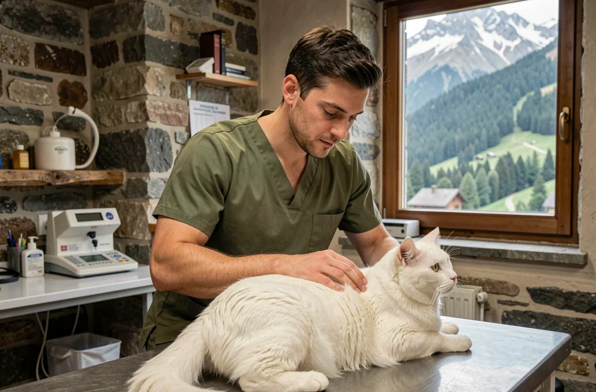 Raphael Clerentin, vétérinaire de Vet'Haut-Giffre, examinant un chat dans un cadre montagnard alpin