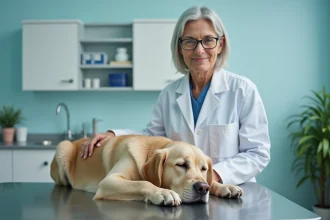 Vétérinaire tenant doucement un vieux chien golden retriever sur une table d'examen dans une clinique vétérinaire