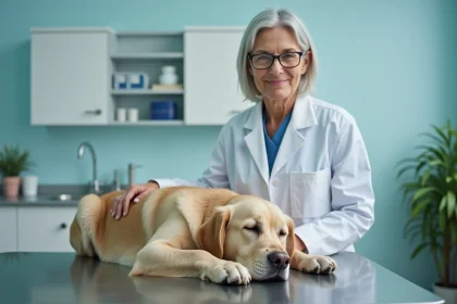 Vétérinaire tenant doucement un vieux chien golden retriever sur une table d'examen dans une clinique vétérinaire