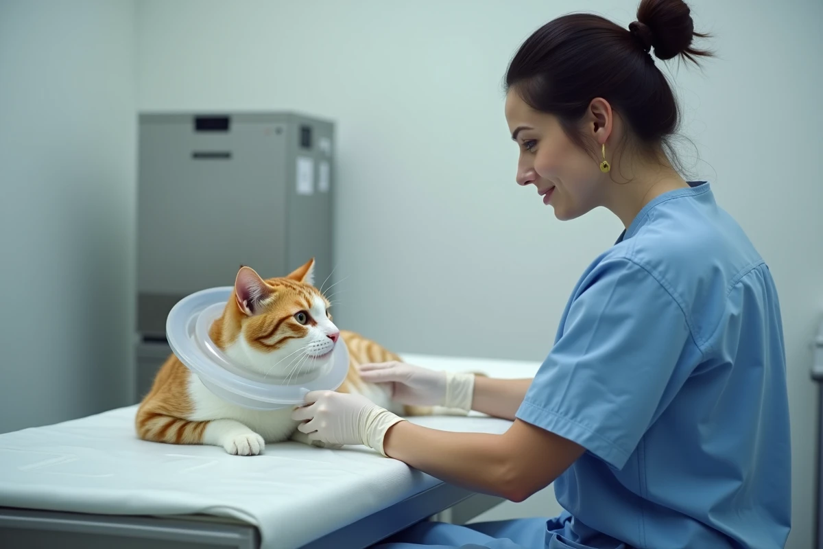 Vétérinaire féminine examinant un chat blanc et roux portant une collerette cervicale transparente sur une table de consultation médicale