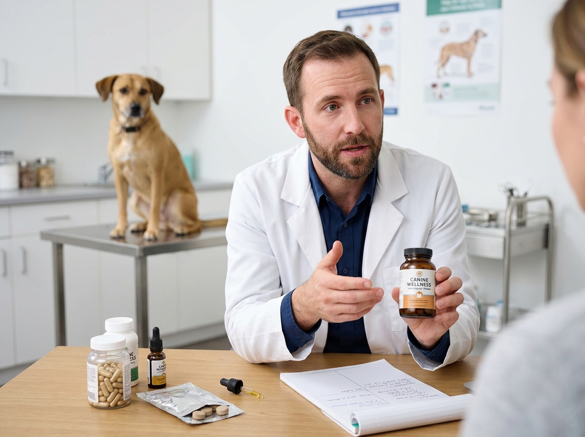 Vétérinaire expliquant l'utilisation de compléments alimentaires pour chien lors d'une consultation avec un flacon de capsules sur la table