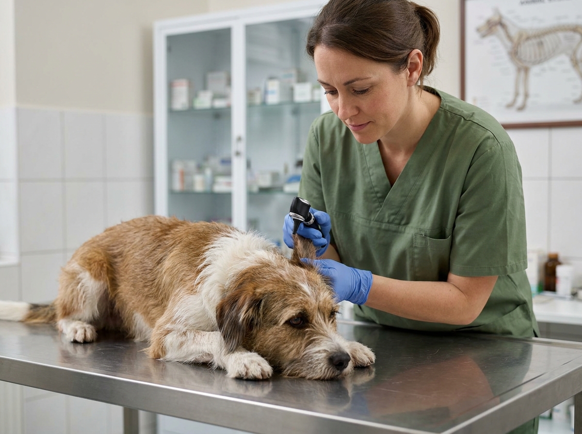 Vétérinaire examinant un chien fatigué sur une table d'examen lors d'une consultation d'urgence nocturne