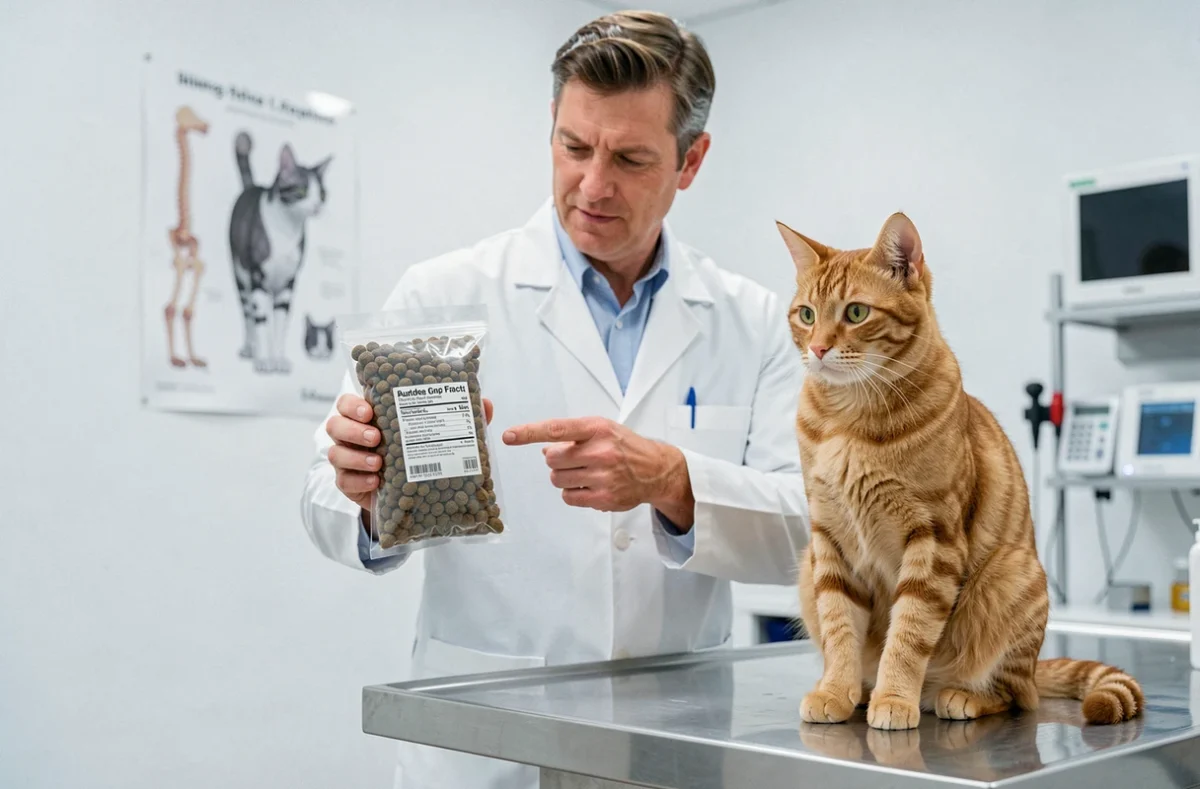 Vétérinaire présentant un sachet de croquettes adaptées à un chat stérilisé ou sensible de 12 mois lors d'une consultation