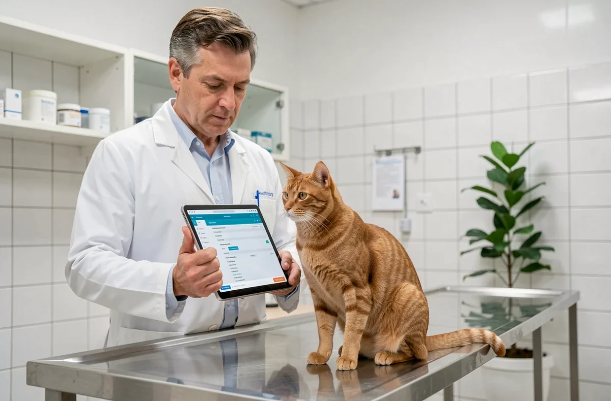 Vétérinaire examinant un chat roux sur une table de consultation avec une tablette affichant un suivi de santé numérique