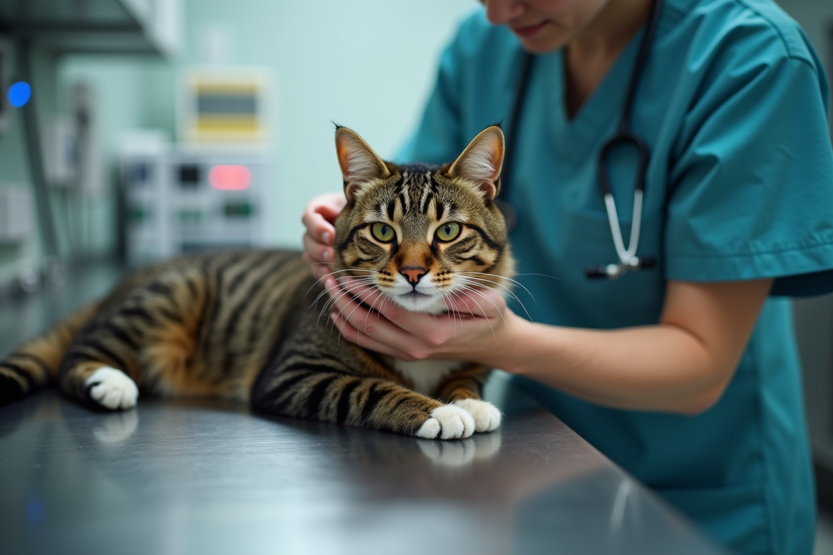 Vétérinaire examinant un chat calme en clinique