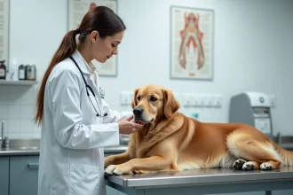 Vétérinaire examinant un golden retriever dans une clinique moderne, illustration du bien-être animal