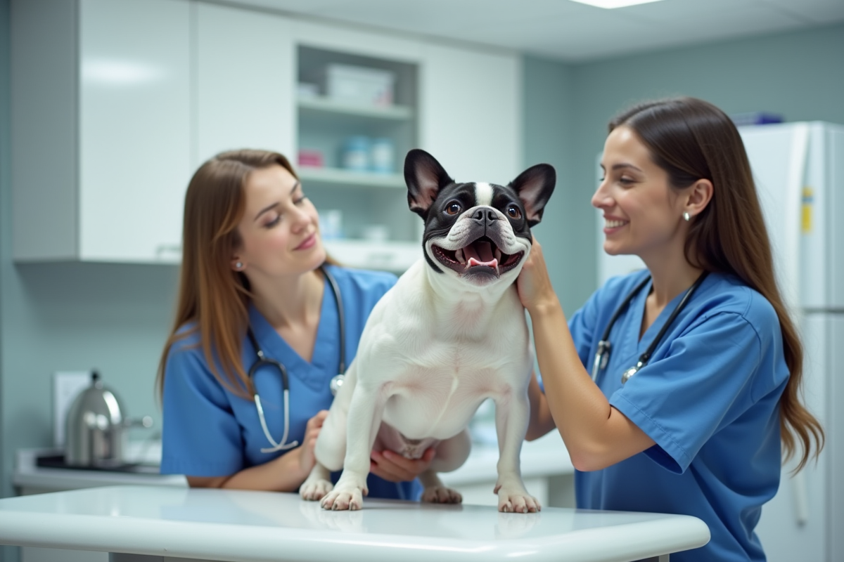 Vétérinaire examinant un bouledogue français heureux