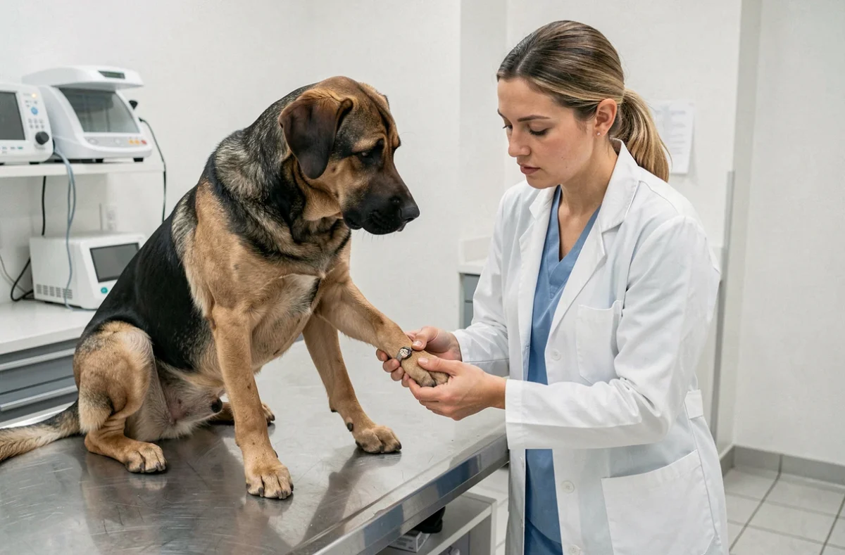 Vétérinaire examinant l'ergot d'un Beauceron adulte lors d'une consultation dans une clinique vétérinaire moderne
