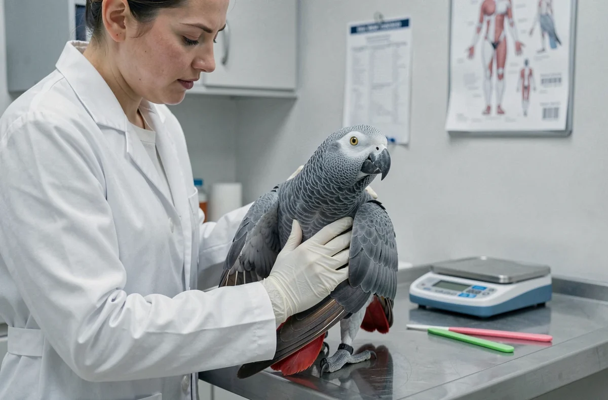 Vétérinaire spécialisé examinant un gris du Gabon lors d'un bilan de santé en clinique aviaire moderne