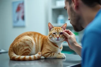Vétérinaire examinant l'œil d'un chat tabby roux avec un ophtalmoscope lors d'une consultation clinique pour ulcère cornéen