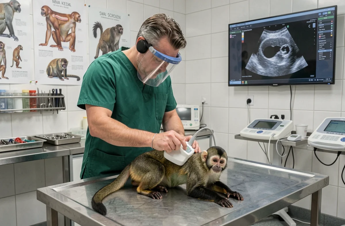 Vétérinaire réalisant un bilan de santé non invasif sur un singe capucin dans une clinique spécialisée en soins aux primates