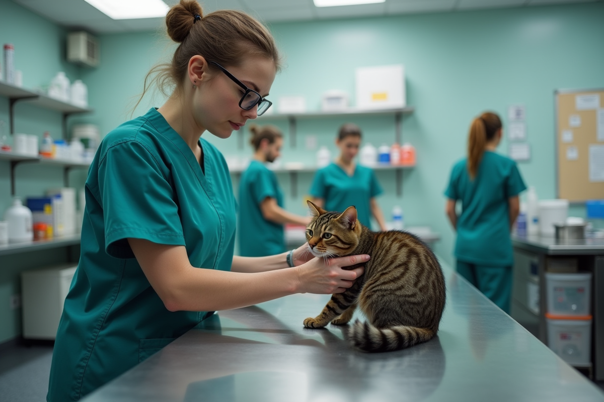 Vétérinaire examinant un chat effrayé en clinique