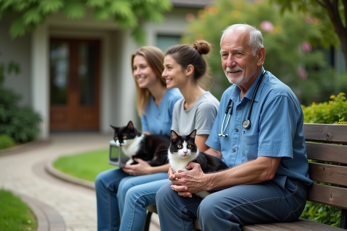 Vétérinaire avec couple et chat dans un jardin paisible