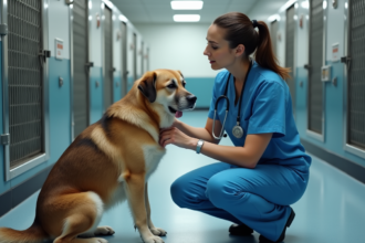 Vétérinaire en scrubs soignant un chien dans un refuge