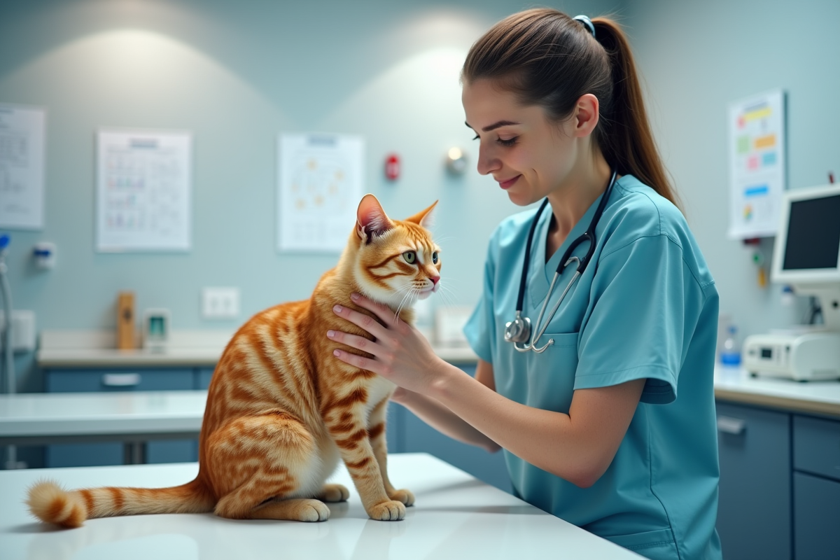Vétérinaire examinant un chat orange âgé en clinique moderne