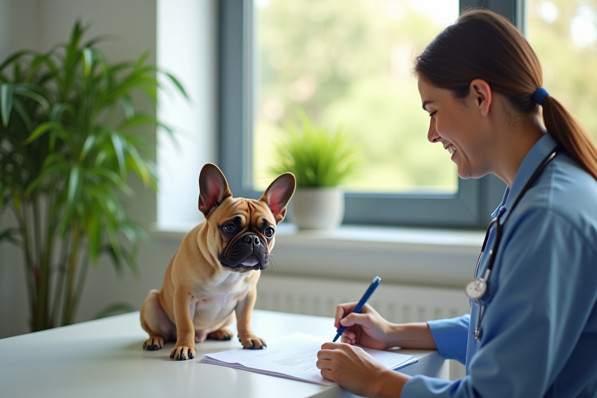 Vétérinaire souriant examinant un bouledogue français dans une clinique lumineuse