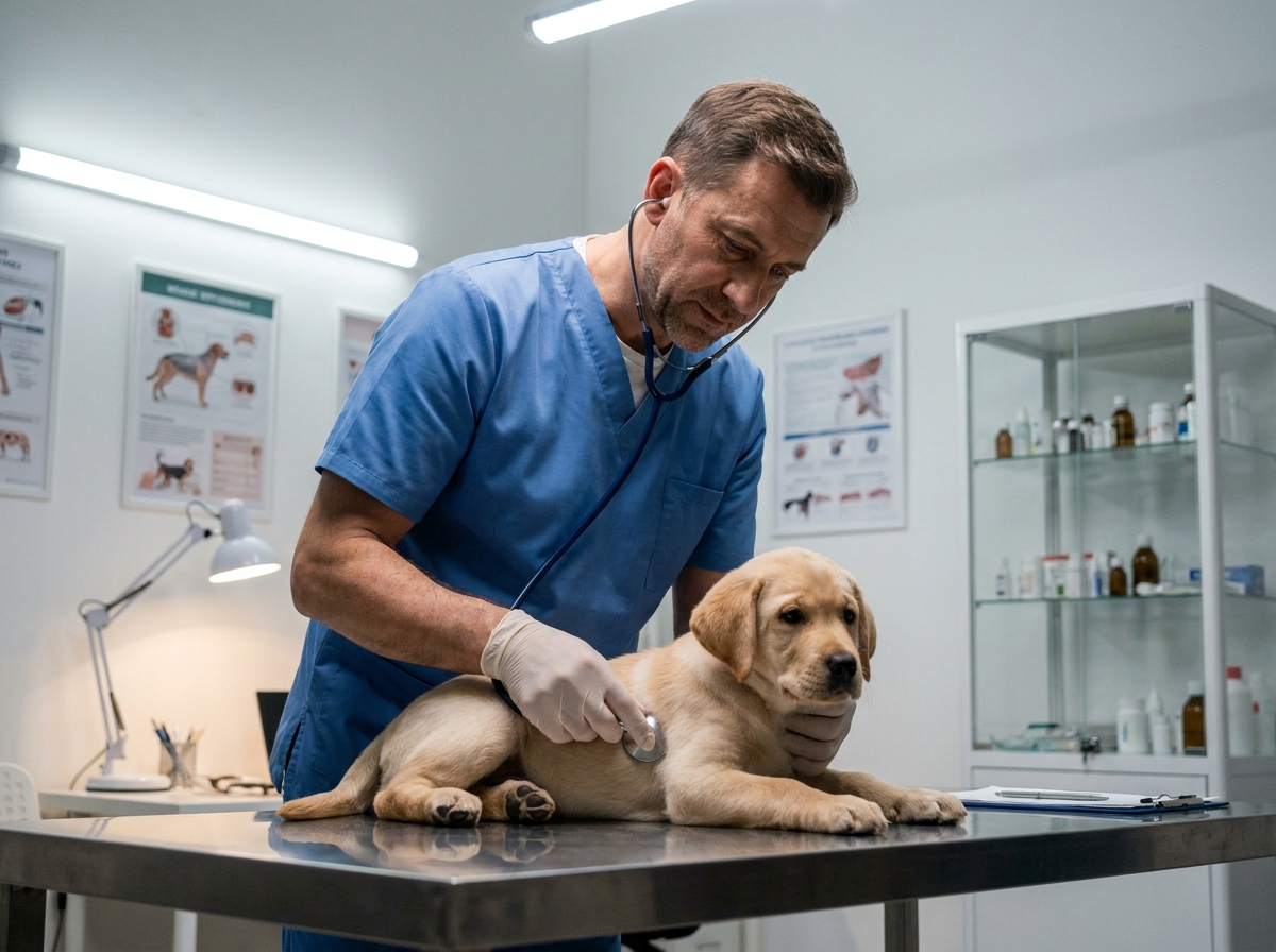 Vétérinaire examinant un chiot la nuit dans une clinique vétérinaire d'urgence ouverte la nuit à Nice