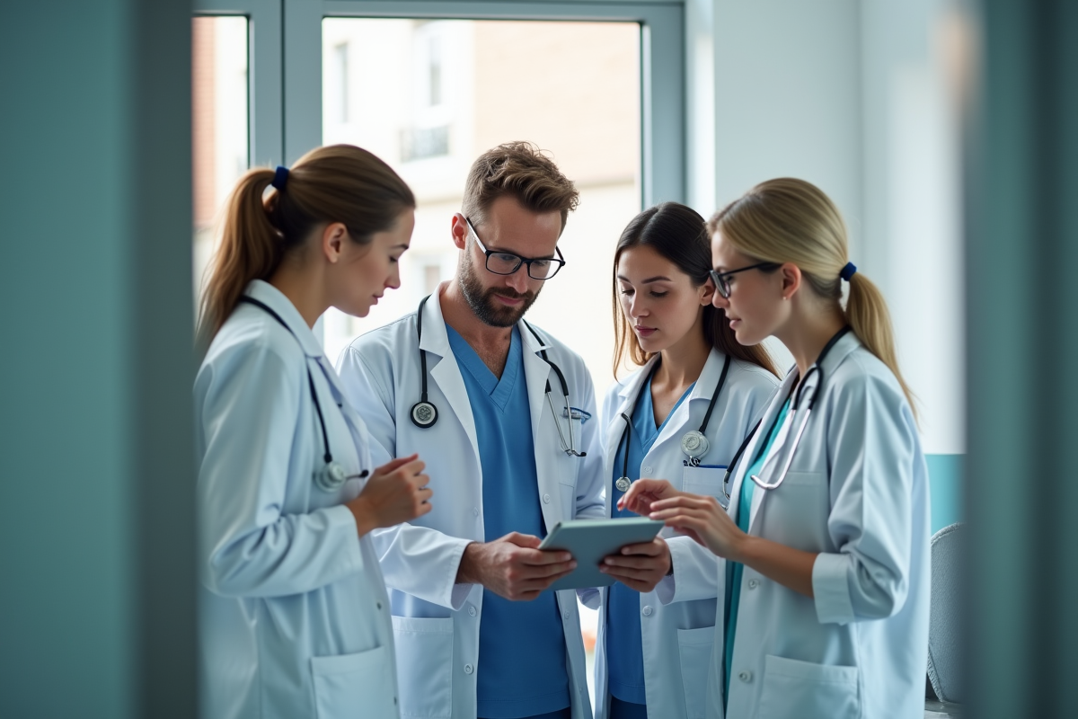 Vétérinaires discutant autour d'une tablette numérique dans une clinique