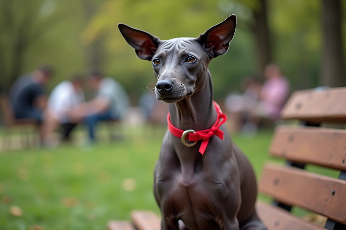 Chien Xoloitzcuintli sans poils assis sur un banc en bois avec un ruban rouge lors d'un événement canin en plein air